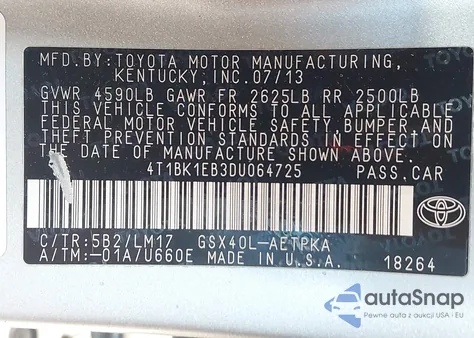 2013 Toyota Avalon Limited z USA, uszkodzony, nr VIN 4T1BK1EB3DU064725